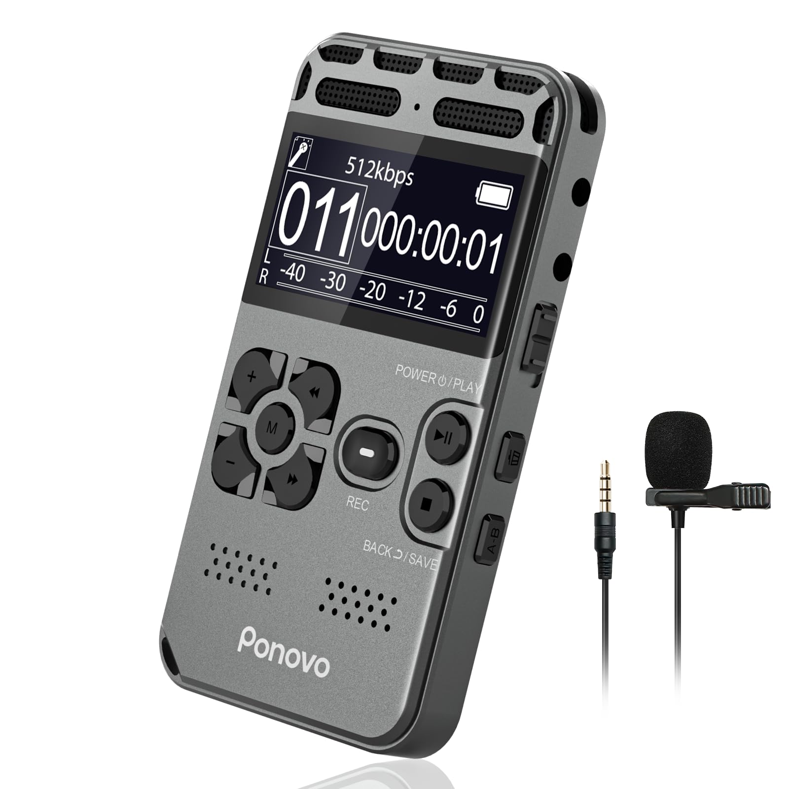Diktiergerät mit Wiedergabe, Ponovo Dual Mikrofon Stereo Digitaler Aktivierter Recorder, Aufnahmegerät mit Rauschunterdrückung für Vorträge, Interviews, Meetings