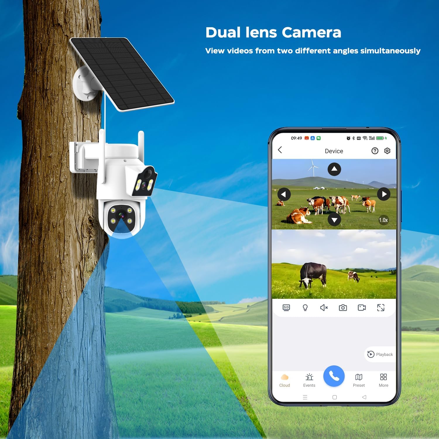 Solar Security Cameras Wireless Outdoor Dual Lens 4MP 2.4G&5G 360° PTZ,Solar Powered Wireless Home Security Camera,PIR Alarm Motion Detection,Color Night Vision,2-Way Audio,WiFi,IP66,No Subscription