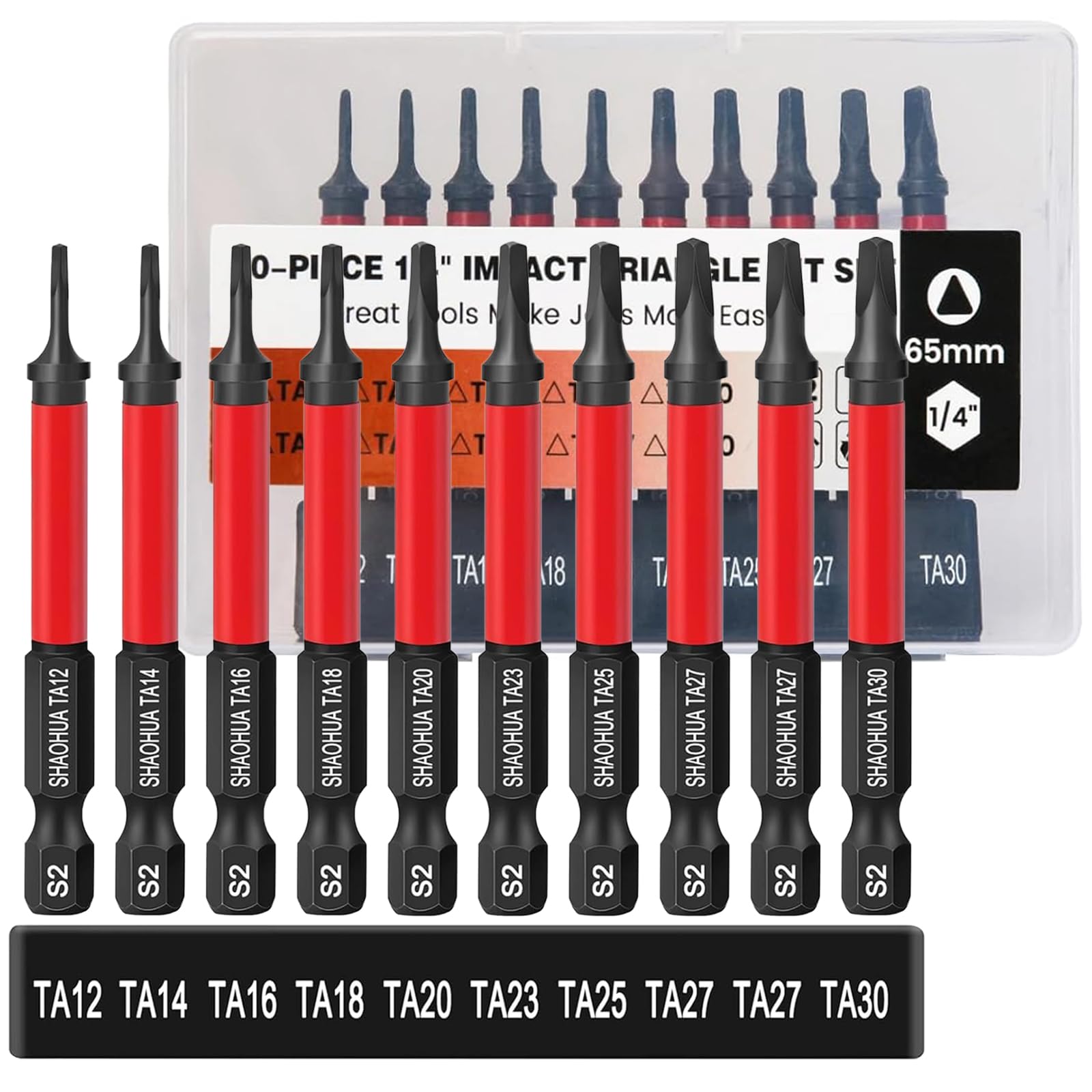 SHAOHUA 10PCS Triangle Screwdriver Bits, Impact Tough Triangle Bits Set, Upgraded S2 Steel Triangle Drill Bit Set Sizes TA12/14/16/18/20/23/25/ 27(x2)