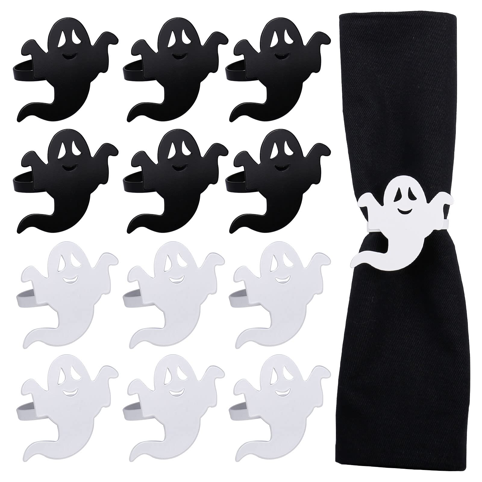 LogHogGhost Napkin Rings Set of 12, White and Black Ghost Napkin Buckle for Halloween Holiday Birthday Party Decoration