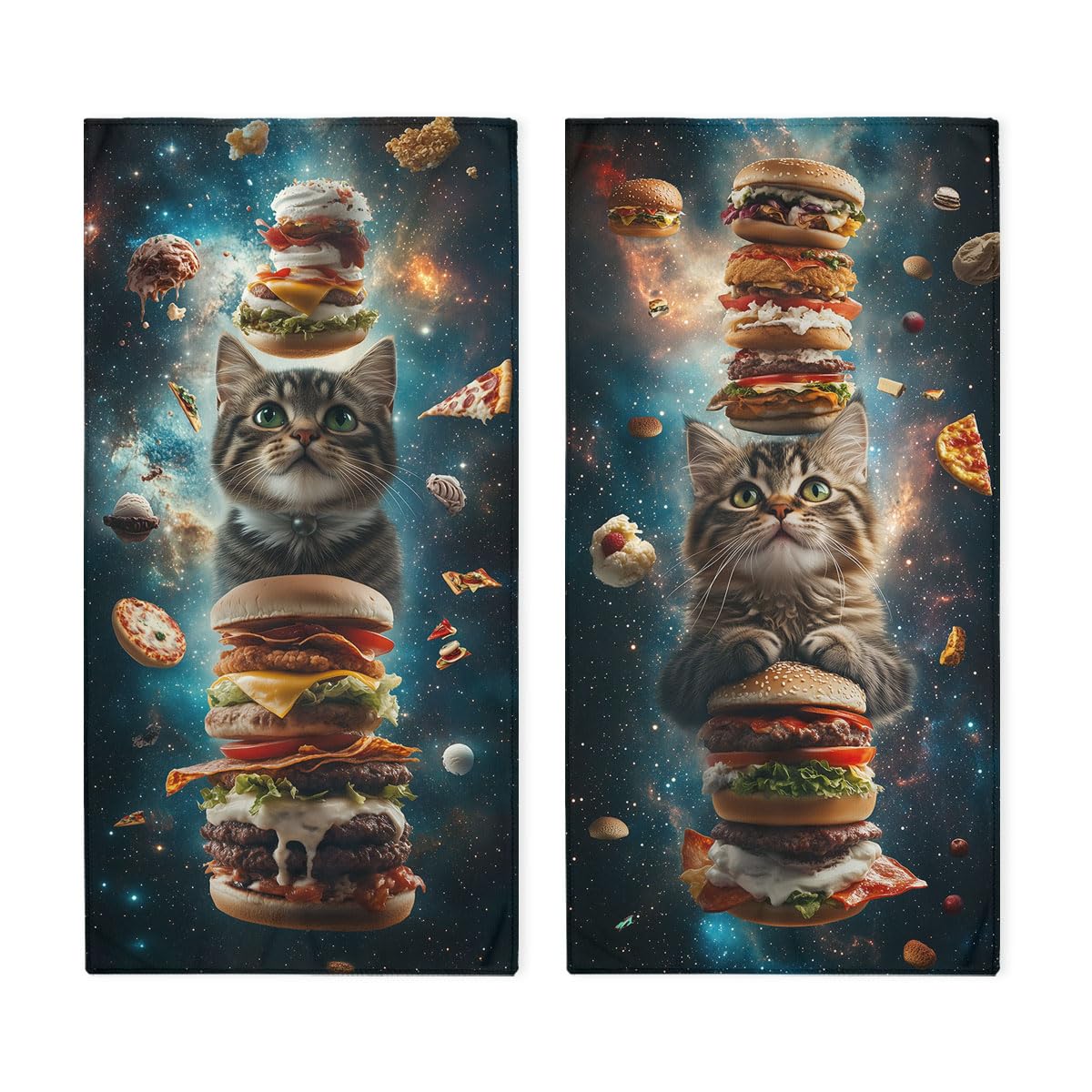 Cat Bath Hand Towels Set of 2 Absorbent Pizza Burgers Space Star Galaxy Bathroom Kitchen Towels Set of