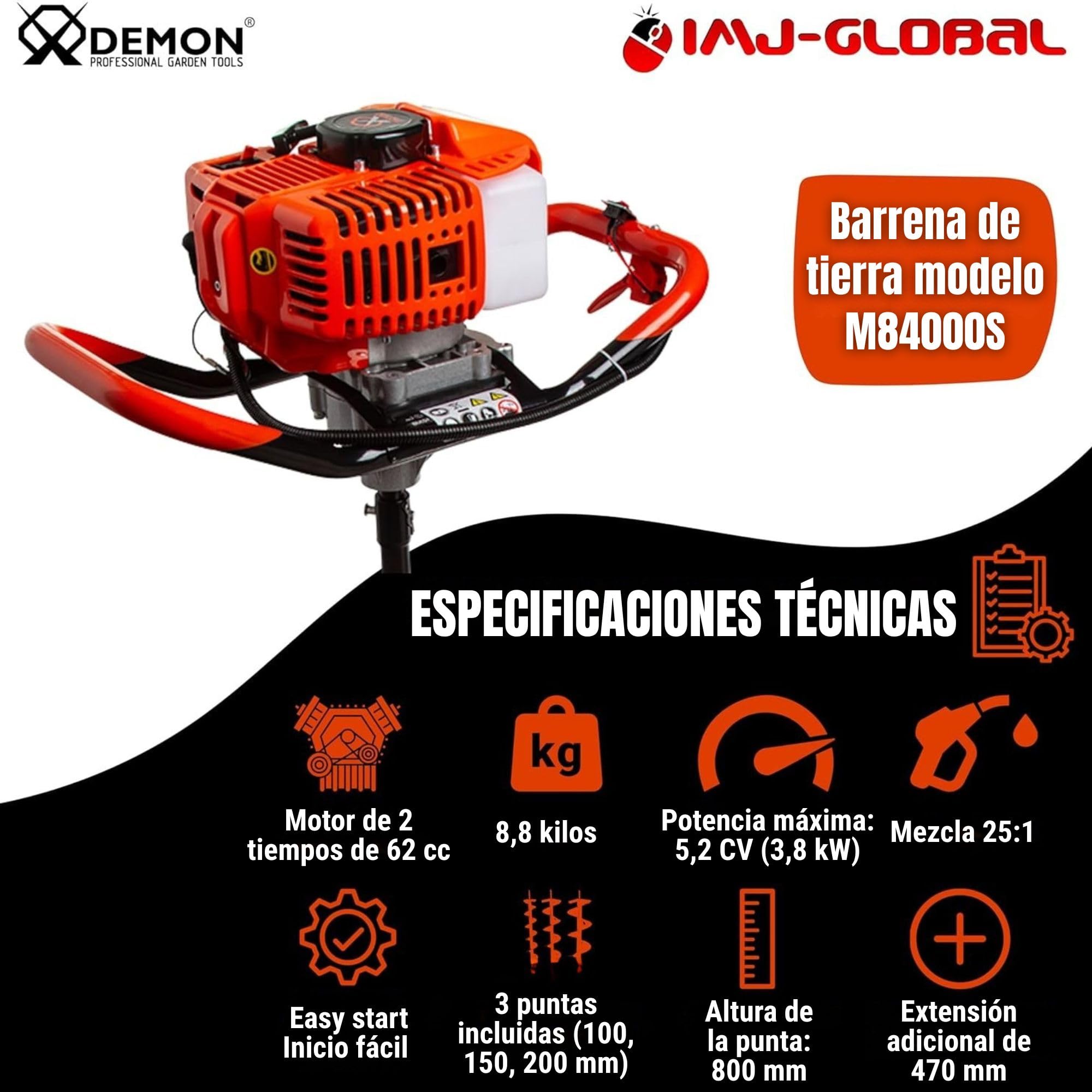 IMJ-Global - Ahoyadora Gasolina DEMON 62cc - 5,2CV con Motor de 2 Tiempos, Mezcla Gasolina:Aceite, Barrena Tierra de Jardín Profesional con 3 Puntas de Ø100 mm, 150 mm y 200 mm