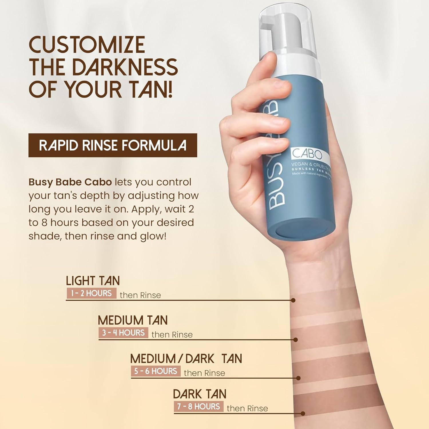 CABO Tanning Mousse Self Tanner With Mitt - Achieve a Gorgeous, Flawless Tan, Sun-Kissed Glow for All Skin Types and Tones, Sunless Tanning Mousse for Undertone (DARK BRONZE 200ml) - Image 4