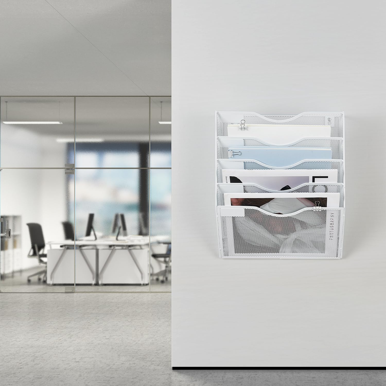 LEKETREE Hängeregal mit 5 Fächern, Netzstoff, Wandmontage, Briefablagen, vertikaler Dokumentenmappenhalter, Zeitschriftenorganisation, Aufbewahrungsregal mit Büroklammern für Büro, Zuhause, Schule