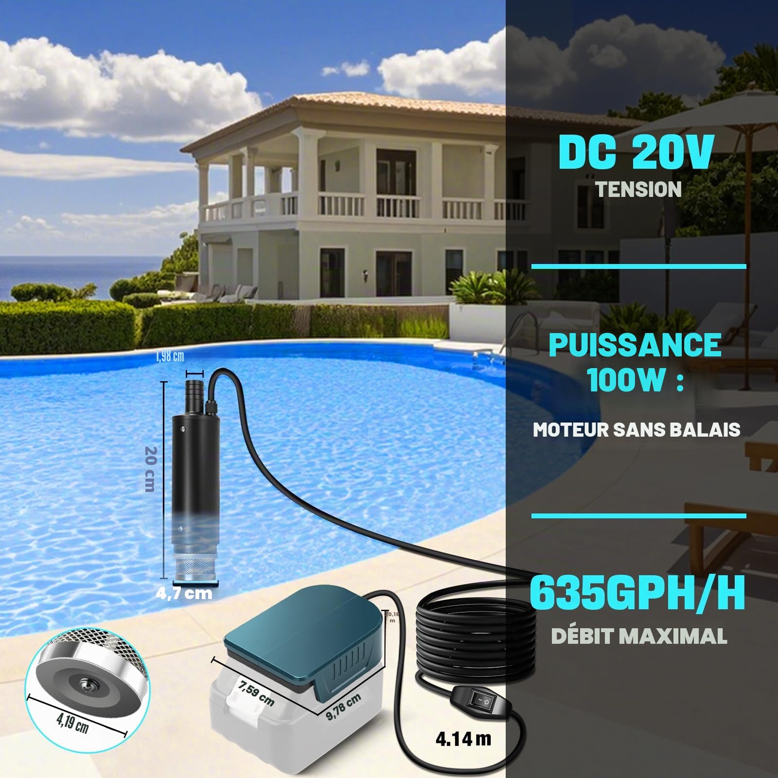 Pompe submersible sans fil Kistrba compatible avec batterie Makita 18 V, pompe à eau portable, 500 GPH avec tuyau de 1 m, pour piscine, lits à eau, douche