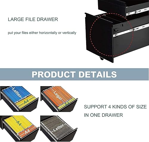 Miniatura 5 de Yiguo - Archivador móvil de 3 cajones con cerradura, archivador de oficina con ruedas debajo del escritorio, archivador de metal con ruedas para