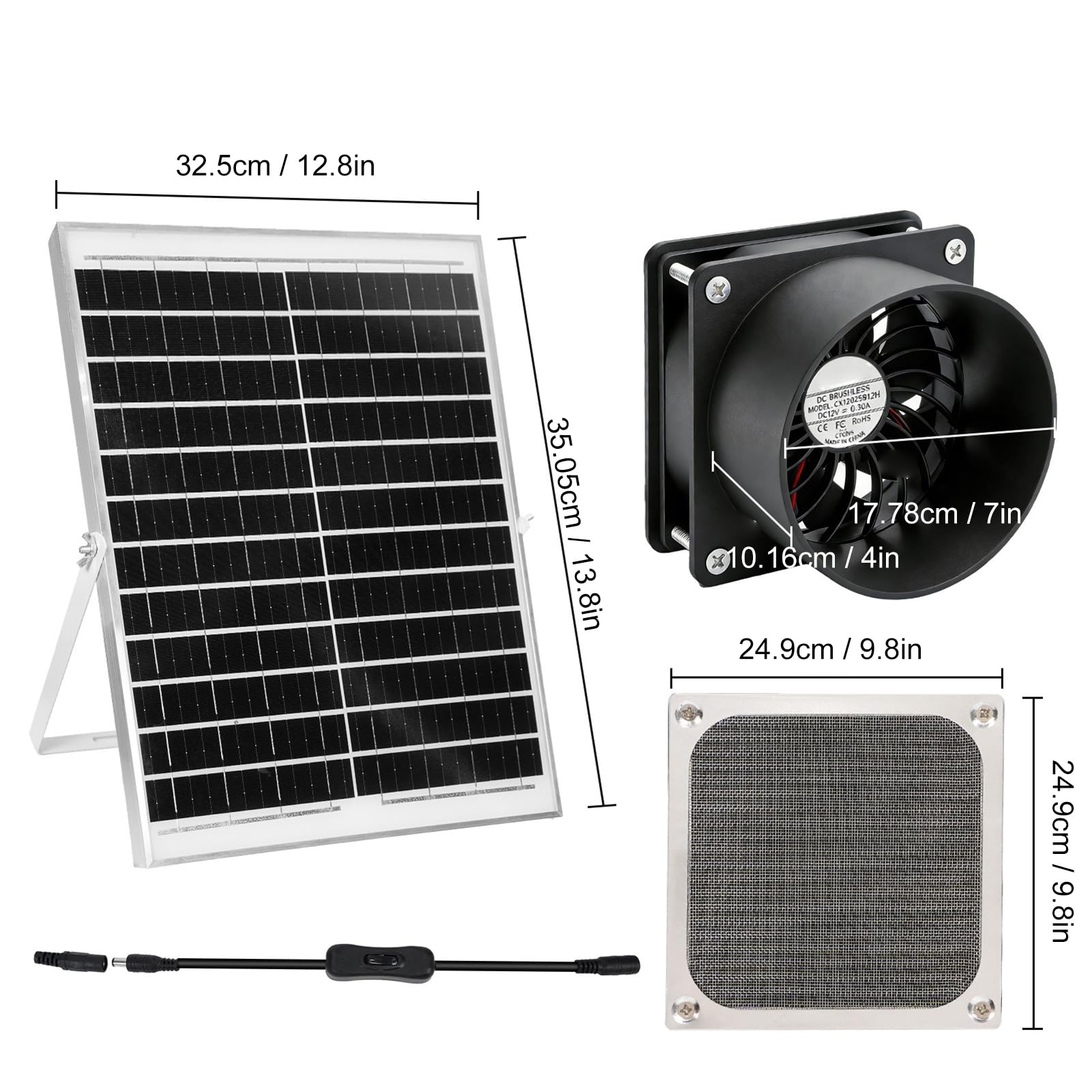 Ventola di Scarico Solare, Ventilatore di Estrazione con | Ventola di Ventilazione con Alloggiamento in ABS e Rete, per Serre, Pollai e Capanni