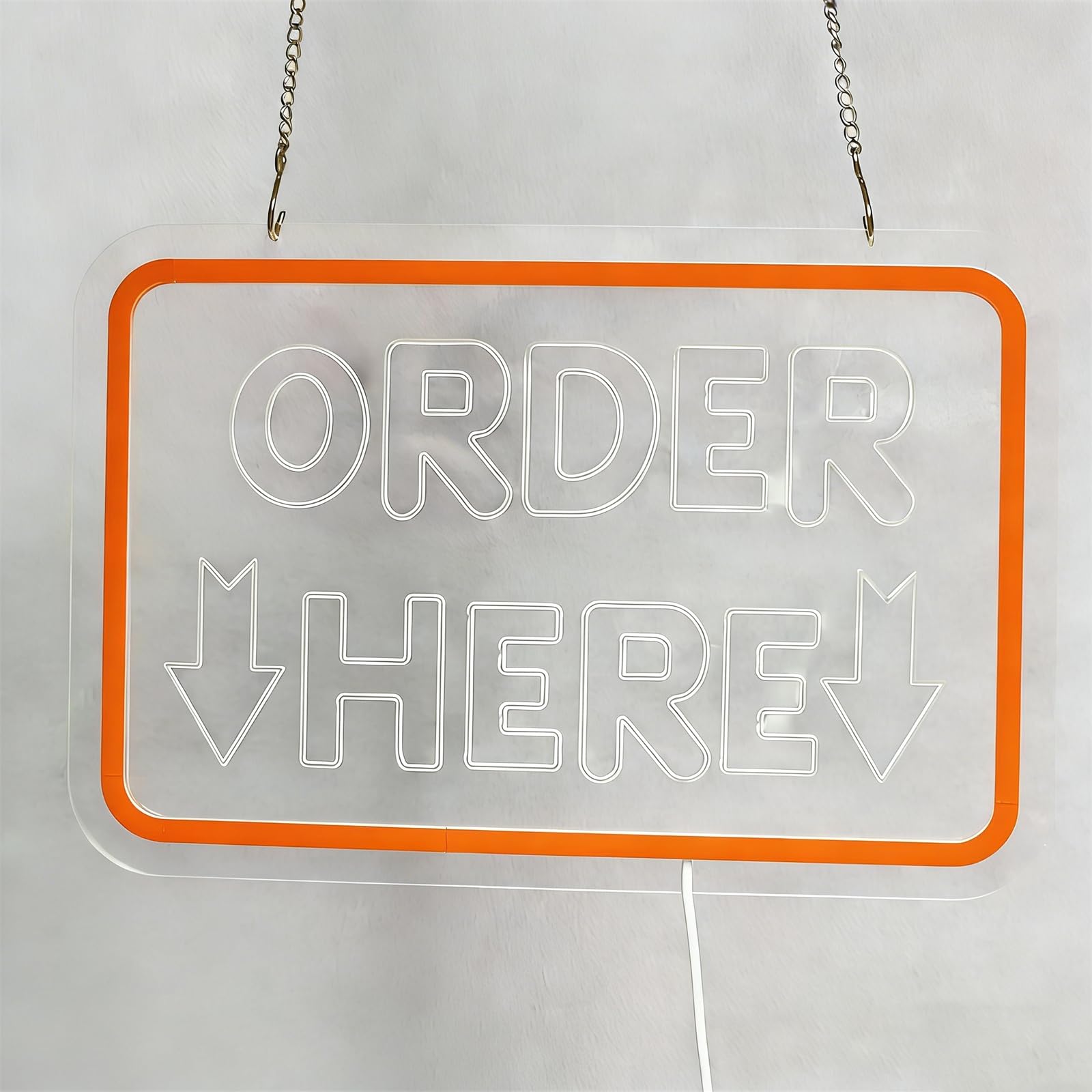 Order Here Letrero de neón, Luces LED de neón USB Regulables para Bares y Tiendas, letreros Decorativos para mostradores de Cajas de restaurantes,Naranja,50x33cm
