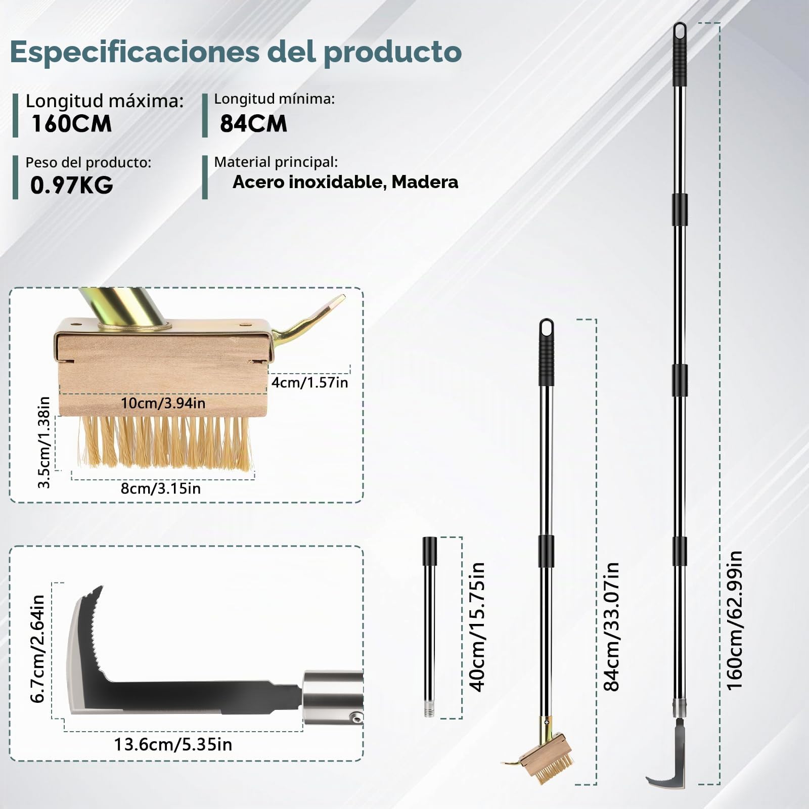 Cepillo de deshierbe 2 en 1 con mango telescópico (160 cm), raspador para juntas de jardín con cuchilla raspador y cepillo de malezas, para limpieza juntas pavimentadas, bordes y eliminación de
