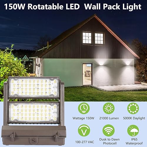 Miniatura 10 de Paquete de luz LED giratoria de pared con fotocélula del atardecer al amanecer, 100 W, 14000 lúmenes, 600-800 W, equivalente a HPSHID, 5000 K, luz