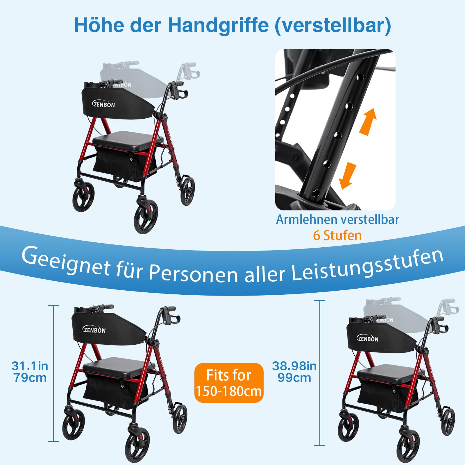 Rollator Faltbar und Leicht Aluminium: Rollatoren für Senioren Rollator Klappbar mit Sitz für die Wohnung mit 20cm Reifen 6-fach Höhenverstellung (Rot)