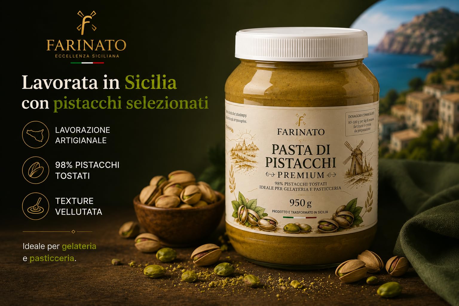 FARINATO Pasta di Pistacchio Premium 950g – 98% Pistacchi Tostati – Alta Percentuale – Semilavorato per Gelateria e Pasticceria – Prodotto e Trasformato in Sicilia