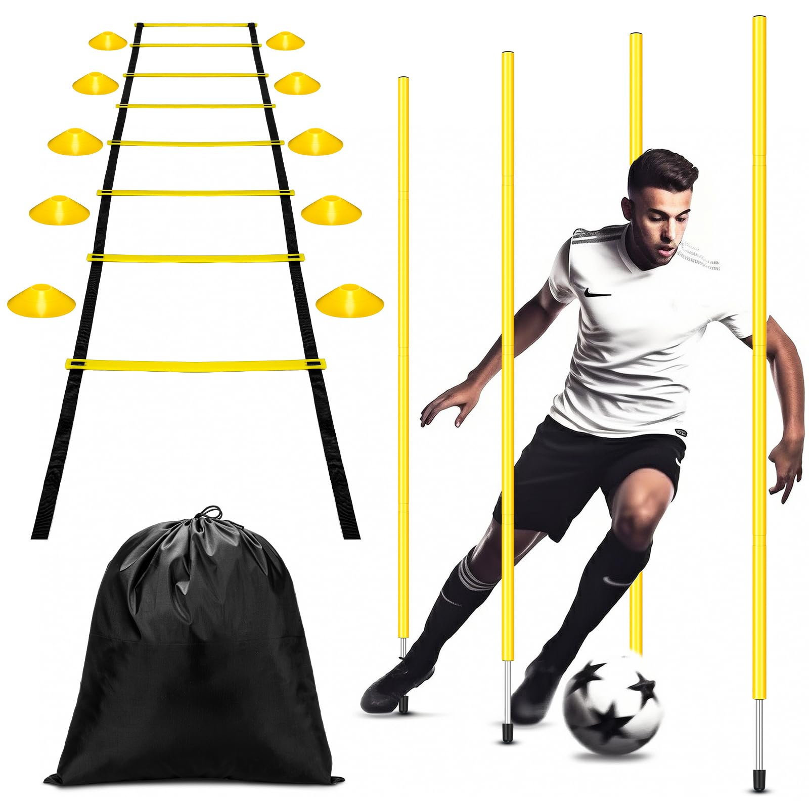 Agility Training Poles Equipment Soccer Training Equipment includes 4 Pcs 5ft Soccer Training Poles 13 ft Agility Ladder 10 Soccer Disc Cones with Black Bag for Speed Training