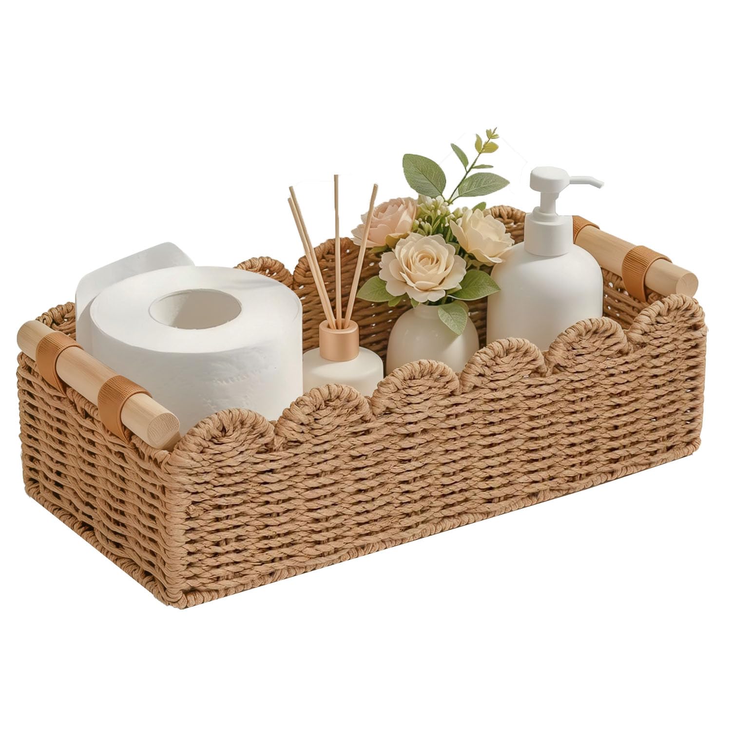 Panier de rangement pour réservoir de toilettes en osier et corde avec poignée en bois boite