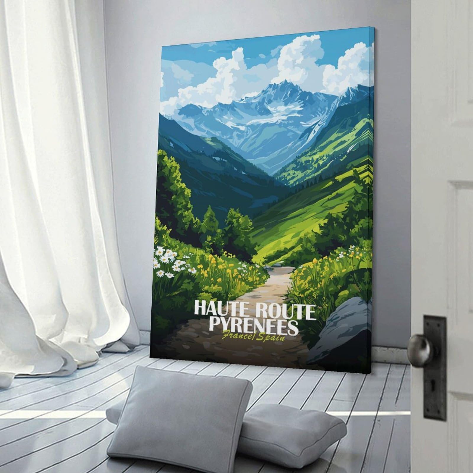Junmoney Haute Route Pyrenees Landscape Illustration Hanging Wall Art, 20x30inch(50x75cm), for Bedroom, Guest Room Or Reading Nook, Home Artwork with A Soft Interior Feel