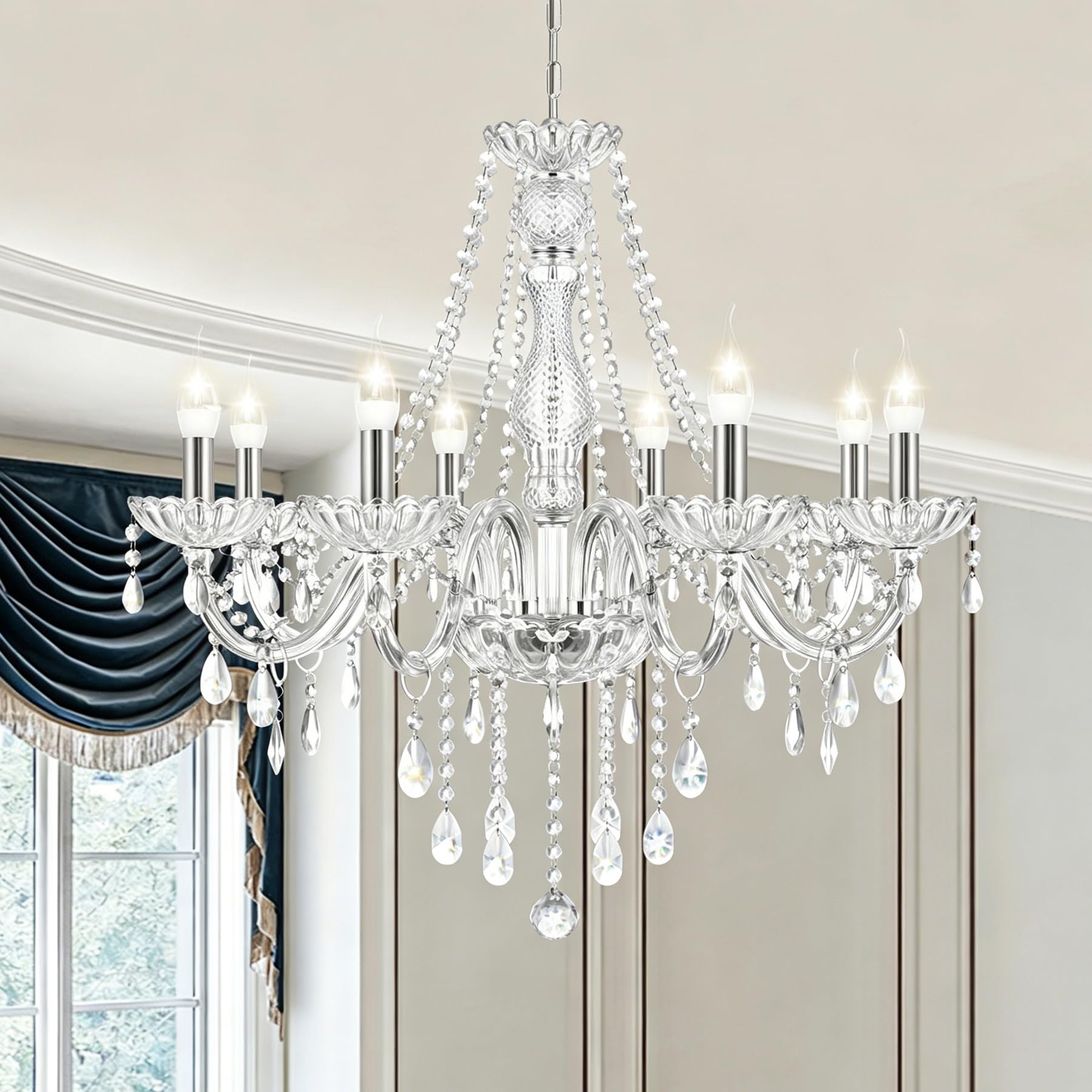 H-YEEU Modern 8-Light French Country K5 Crystal Chandelier with Ajustable Chain, E14 Candle Style Transparent Ceiling Light Fixture Pendant Lamp for Dining Room Bedroom Living Room, No Bulbs