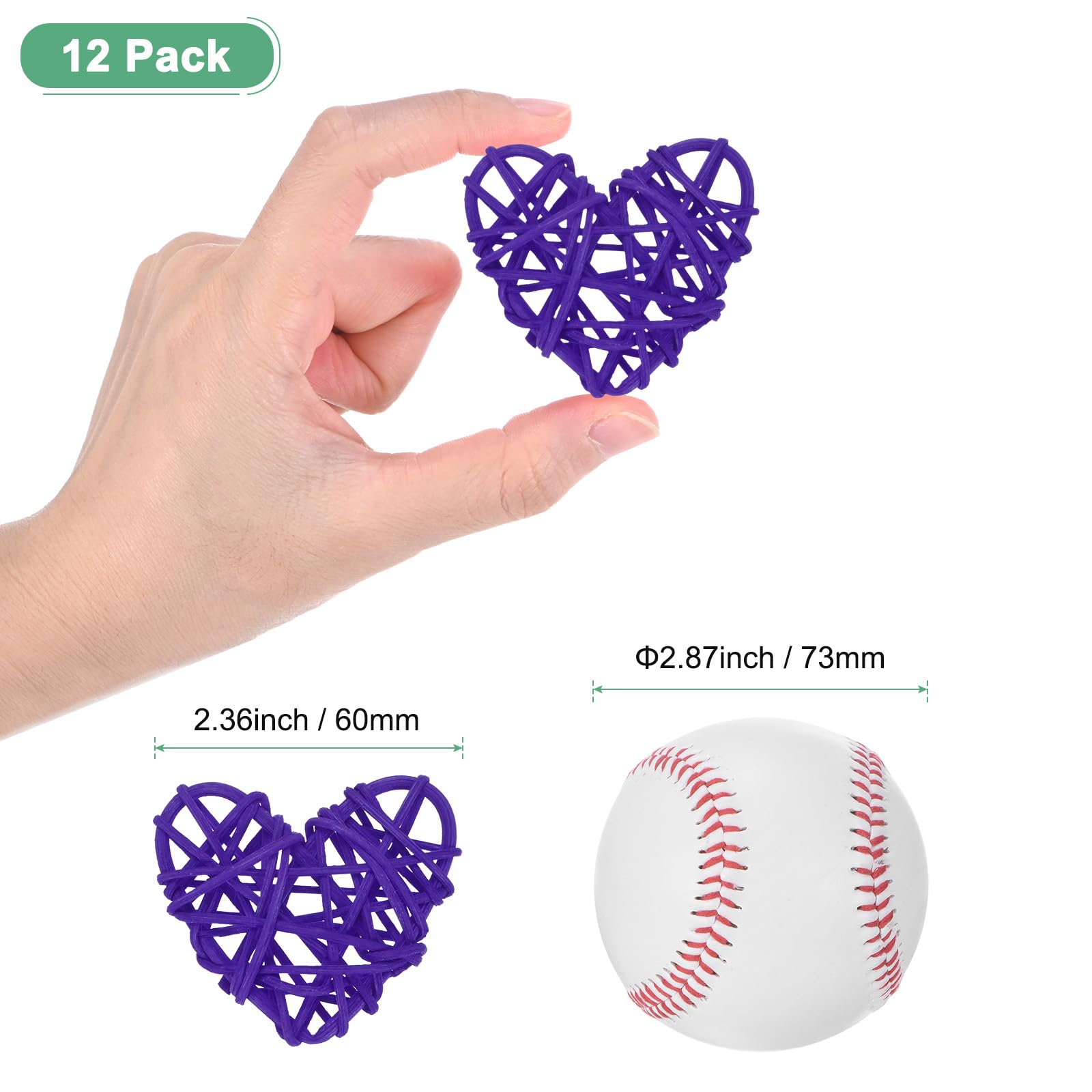 M METERXITY 12-Pack Heart Shaped Wicker Rattan Balls 60mm/2.4 Inch Decorative Rattan Balls Orbs Vase Fillers Bowl Fillers for Christmas/Weddings/DIY Crafts/Home Decor [Dark Purple]