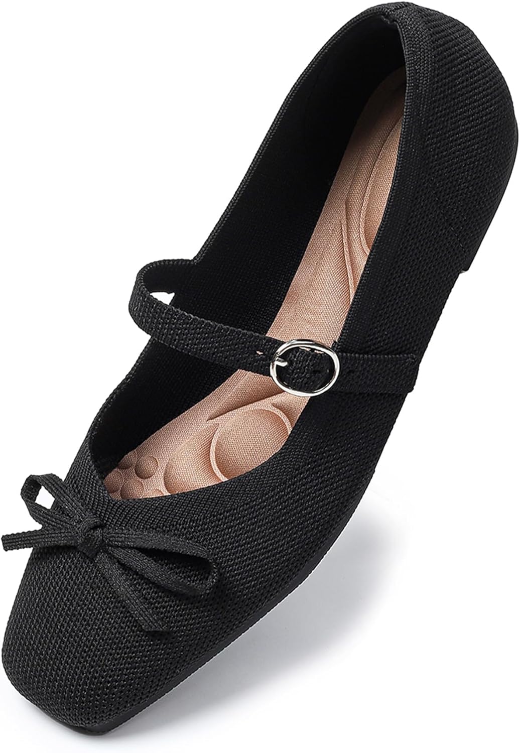 Knit Flats for Women Square Toe Flats Casual Ballet Flats with Ankle Strap,Washable Comfortable Dressy Mary Jane Flat - Image 2