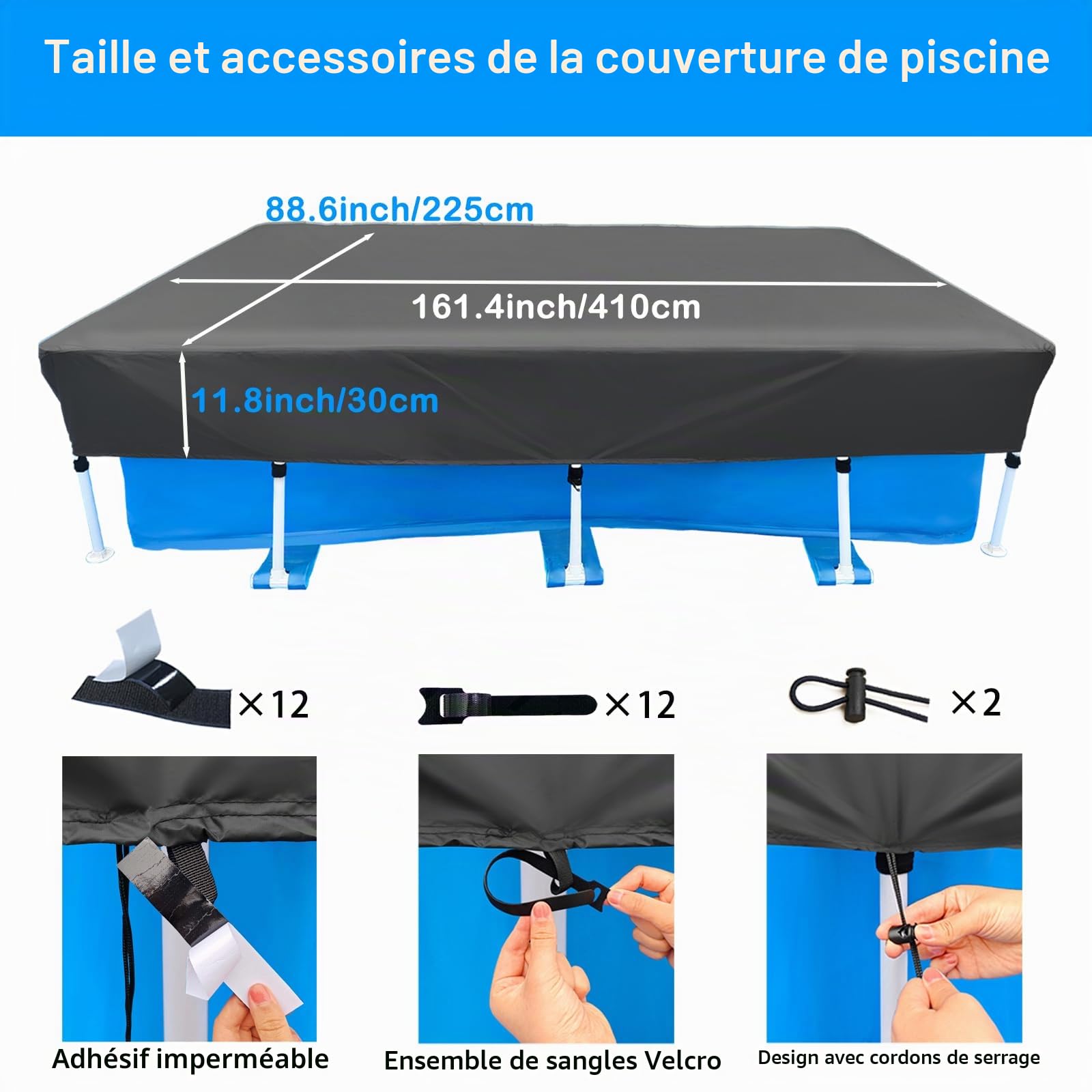 Bâche de Piscine rectangulaire 400 x 210 cm pour Piscine Hors Sol 4x2 m Résistant aux UV Anti-Vent Imperméable