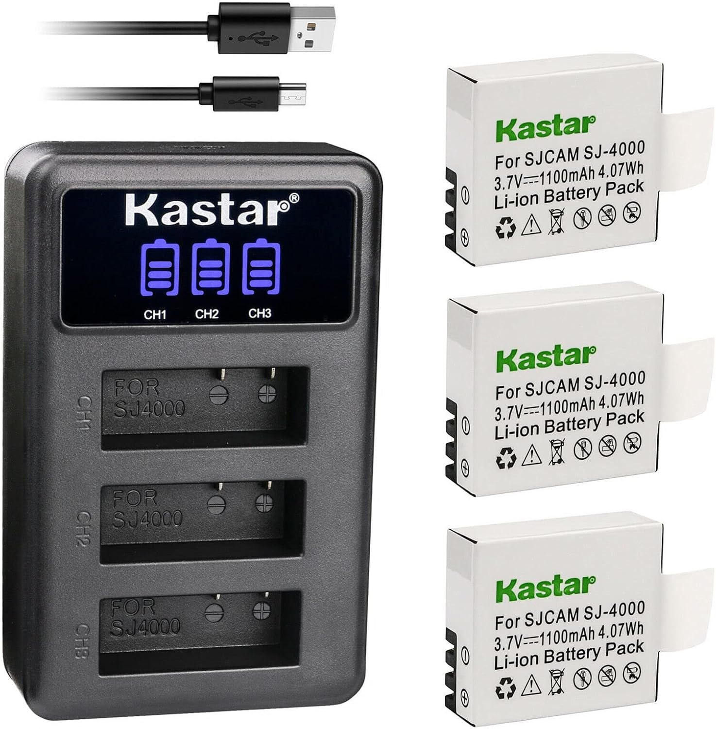 Kastar 4 Pack SJ4000 Battery and LCD Triple USB Charger Compatible with QUMOX SJ5000, QUMOX SJ5000 WiFi, QUMOX SJ6000, SJCAM M10, SJCAM Qumox BoomYours, SJCAM Qumox DX 288812 Camera