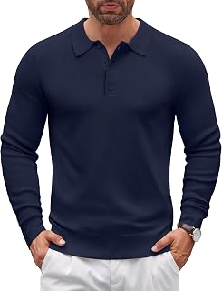 Mens Knit Polo Sweater Long Sleeve Polo Sweaters Casual Knitted Button Collar Pullover Sweater
