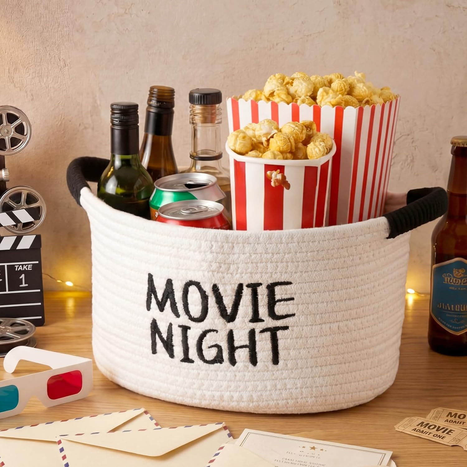 Yungyan Movie Night Supplies Snack Trays Basket with Handles Reusable Cotton Rope Bucket Bowl Container Stuffers Storage Gifts for Theater Popcorn Family Room Decor(Game Night,Black)