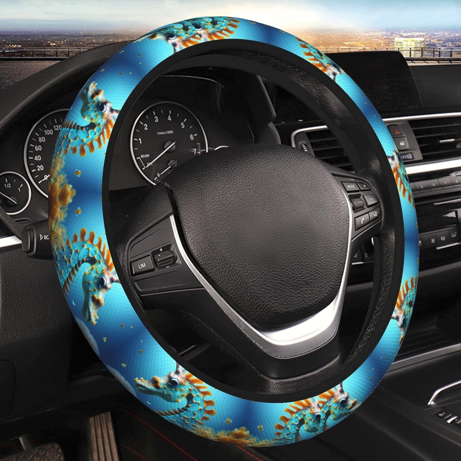 Blue Seahorse Double-Layer Thickened Steering Wheel Cover, Universal car Steering Wheel Cover (15 inches in Diameter), Steering Wheel Protective Cover,