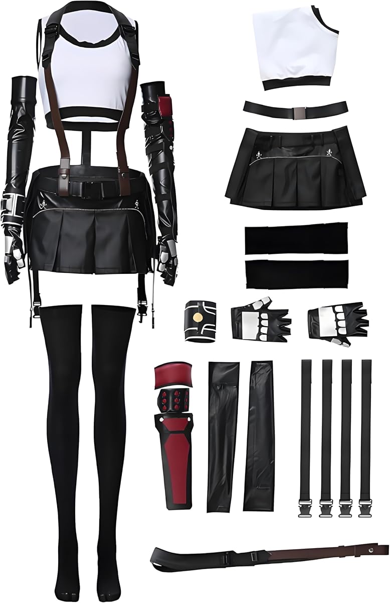 Tifa Lockhart Cosplay Adultos FF7 Tifa Disfraz Trajes de Halloween | Tifa Lockhart Uniforme completo con brazaletes Guantes Calcetines Accesorios Trajes de fiesta de Halloween para mujer