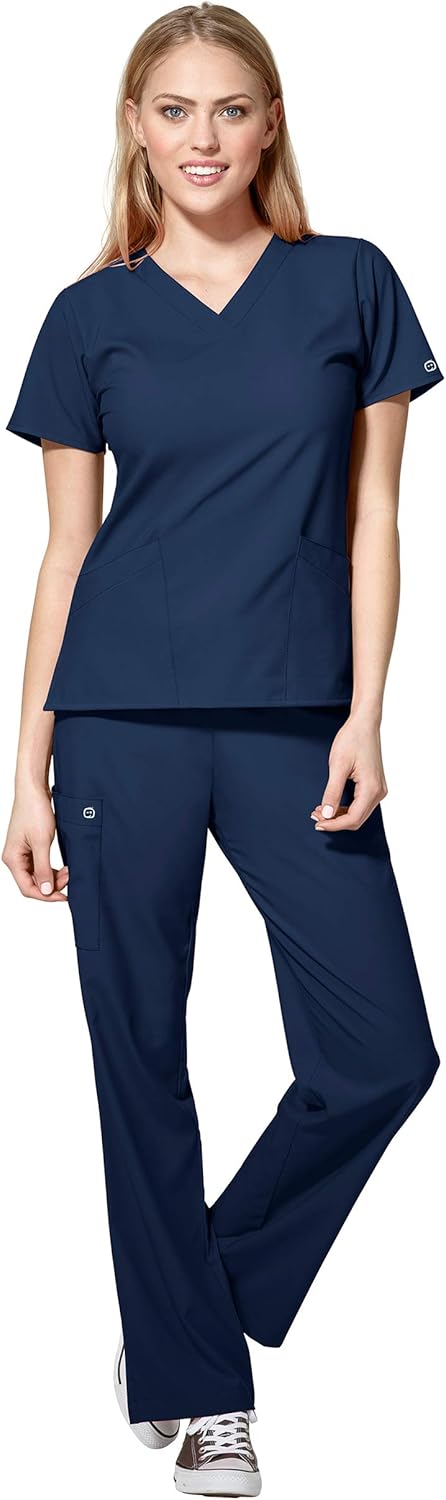 WonderWink W123 Women's Basic V-Neck Top & Drawstring Pant Scrub Set + Badge Reel