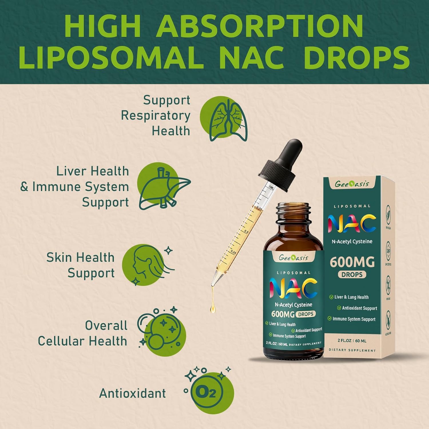 Liposomal Liquid NAC Supplement N-Acetyl Cysteine Drops, N Acetyl Cysteine 600 mg with Quercetin & Zinc for Adults & Kids, Liver & Lung Support, Antioxidant, Immune & Skin Health, 2 Fl Oz - Image 3
