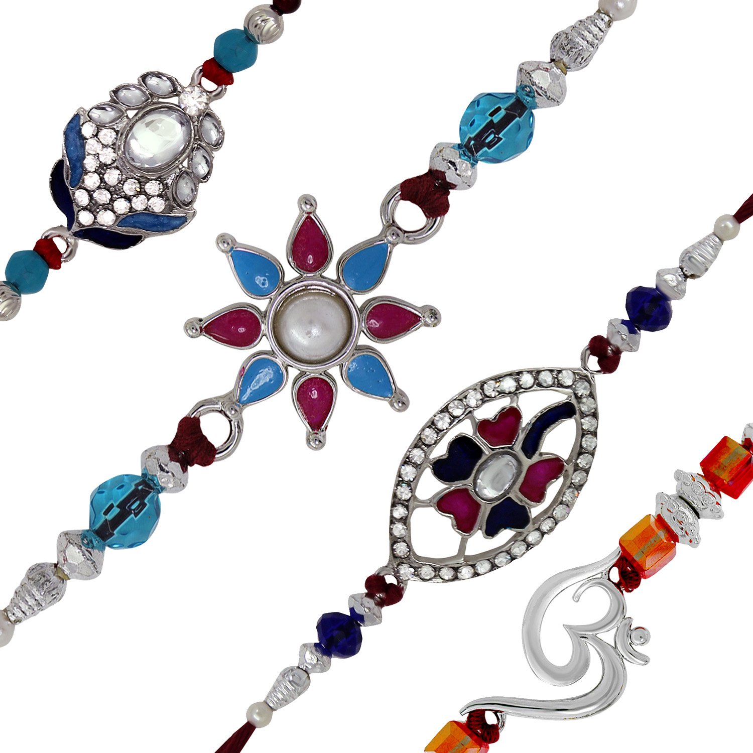 Mahi Rakhi/Bracelet Set For Men - Pink & Blue Alloy With Crystals & Beads, Combo Of 4 - View #2