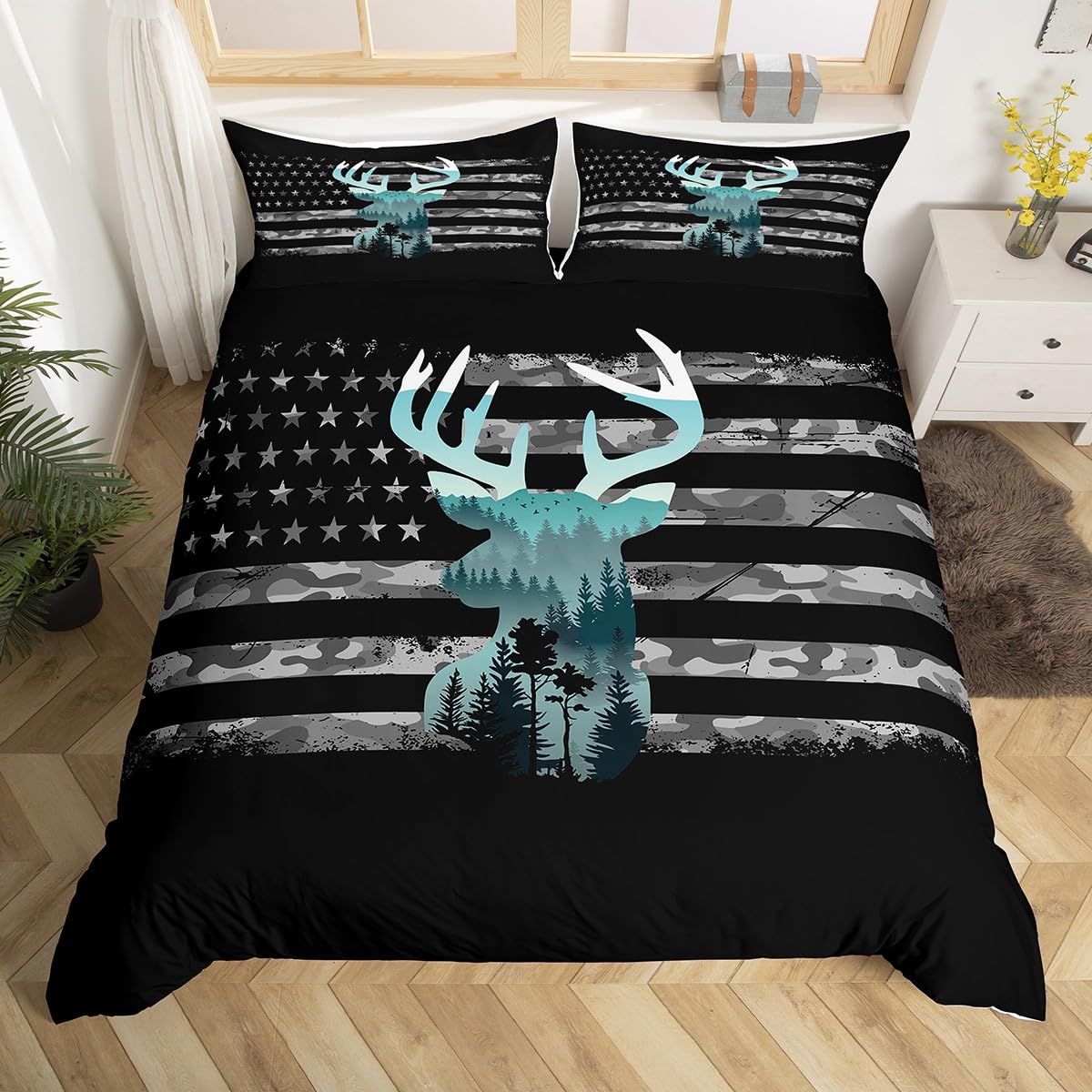 Homemissing Kids Forest Camo Deer Hunting Bedding Set - 3Pcs Super King Duvet Cover, Comforter, Bedspread - Breathable, Smoky Deer Pattern