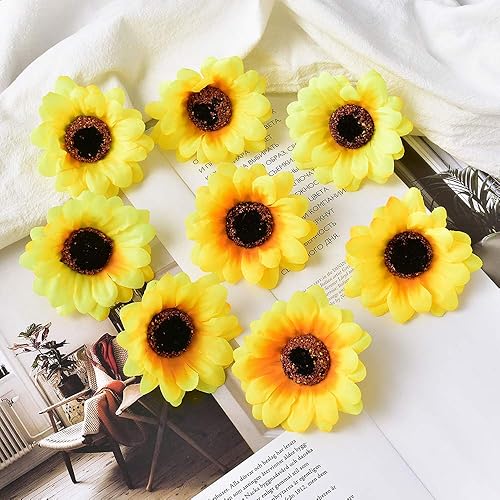 Miniatura 7 de 50 cabezas de girasol amarillas de seda artificial, suministros florales de tela de 2.8 pulgadas para boda, compromiso, decoración de fiesta