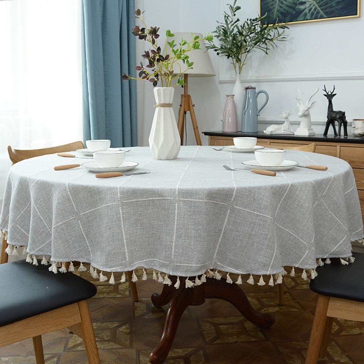 Dimatic Heavy Weight Cotton Linen Tablecloth, Plaid Tassel Round Table Cover for Kitchen Dining Room Tabletop Decorations, Round - 78", Grey