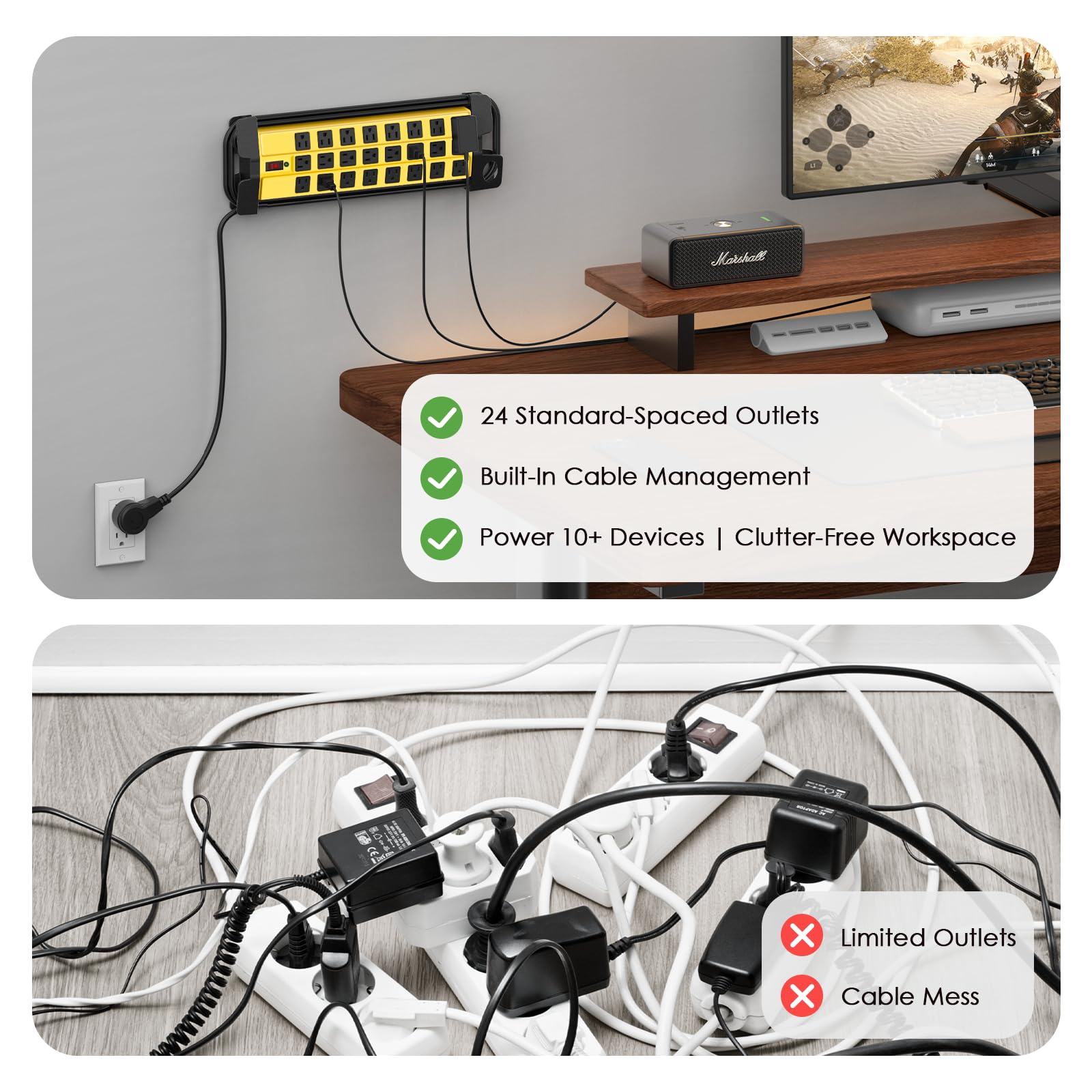 HHSOET - Tira de alimentación resistente con protección contra sobretensiones, metal comercial industrial, 24 tomacorrientes, montaje en pared para cochera, 15 amperios, interruptor, cable de