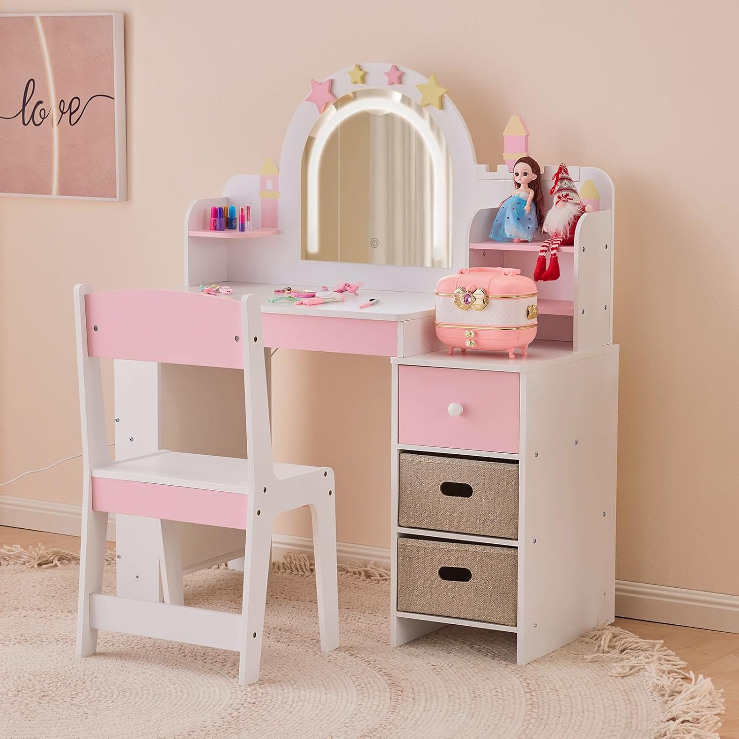 White Pink Castle Kids Vanity Set with Storage, for Girls Bedroom & Playroom, Childrens Dressing Table with Drawer, Shelf