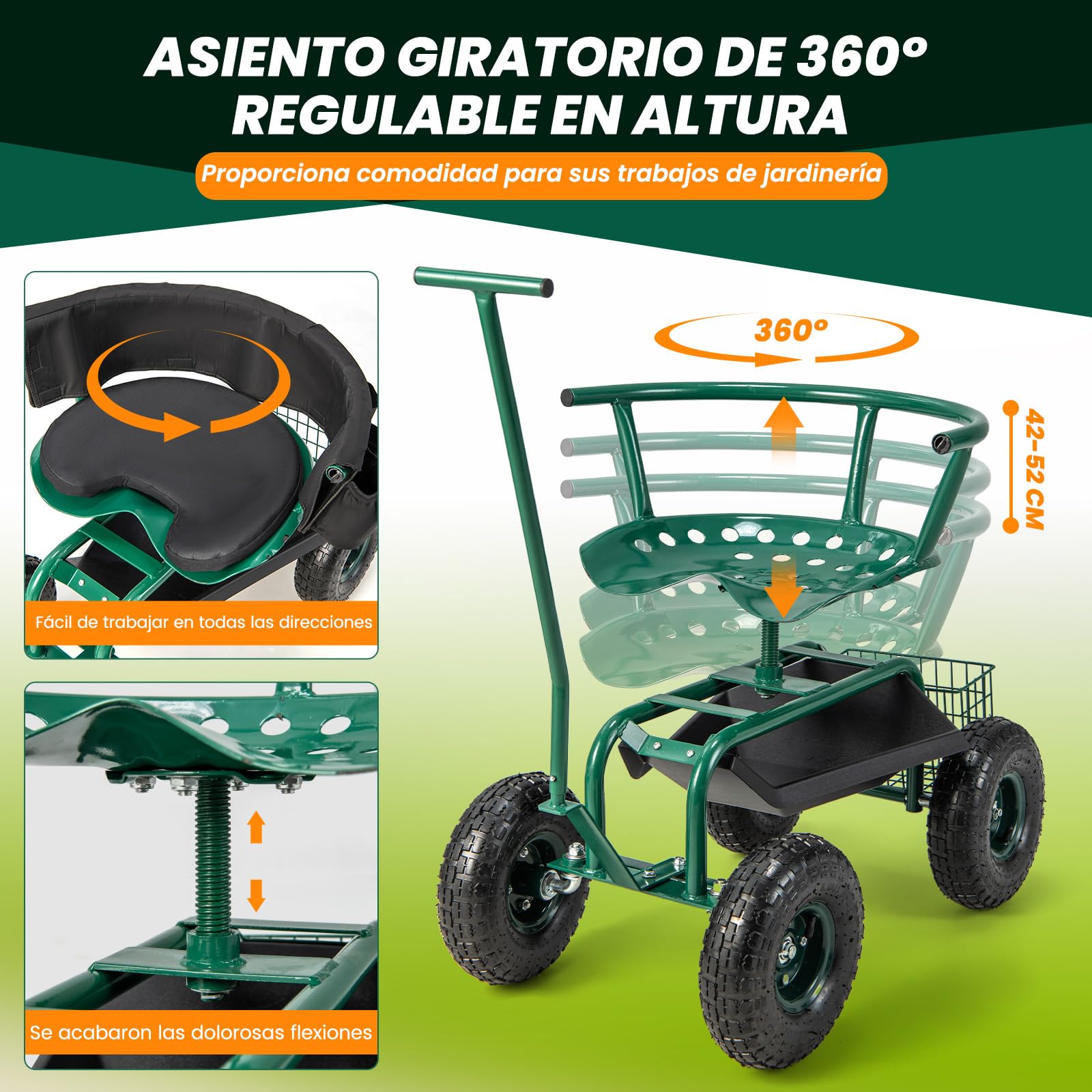 COSTWAY Asiento de Jardín con Ruedas, Carrito de Jardín con Asiento de Trabajo, Ajustable en Altura con Asiento Giratorio de 360° y Cojín, 2 Asas de Dirección, Taburete Móvil de Trabajo de Jardinería