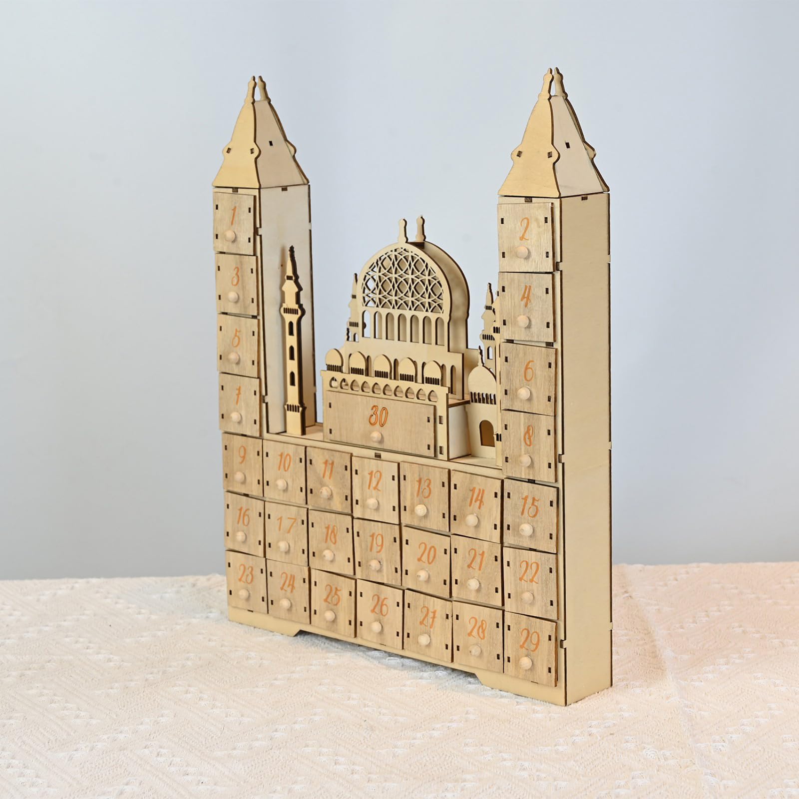 Calendario per conto alla rovescia dei castelli del Ramadan, con luce a LED e 30 cassetti, decorazioni per l'avvento in legno per feste islamiche