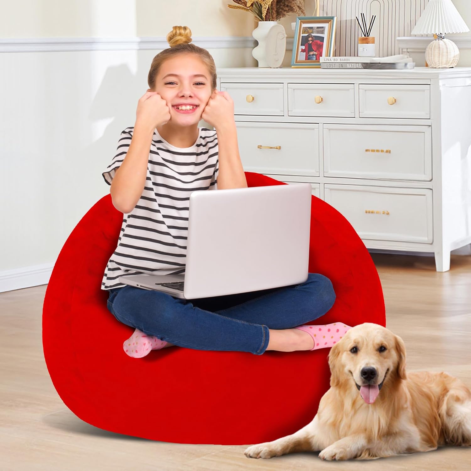2FT Bean Bag Chair with Ultra Soft Velvet Cover Bean Bag Sofa with Memory Foam Bean Bag Chairs with Large Size Lazy Sofa for Dorm Office Living Room Bedroom Red 2'
