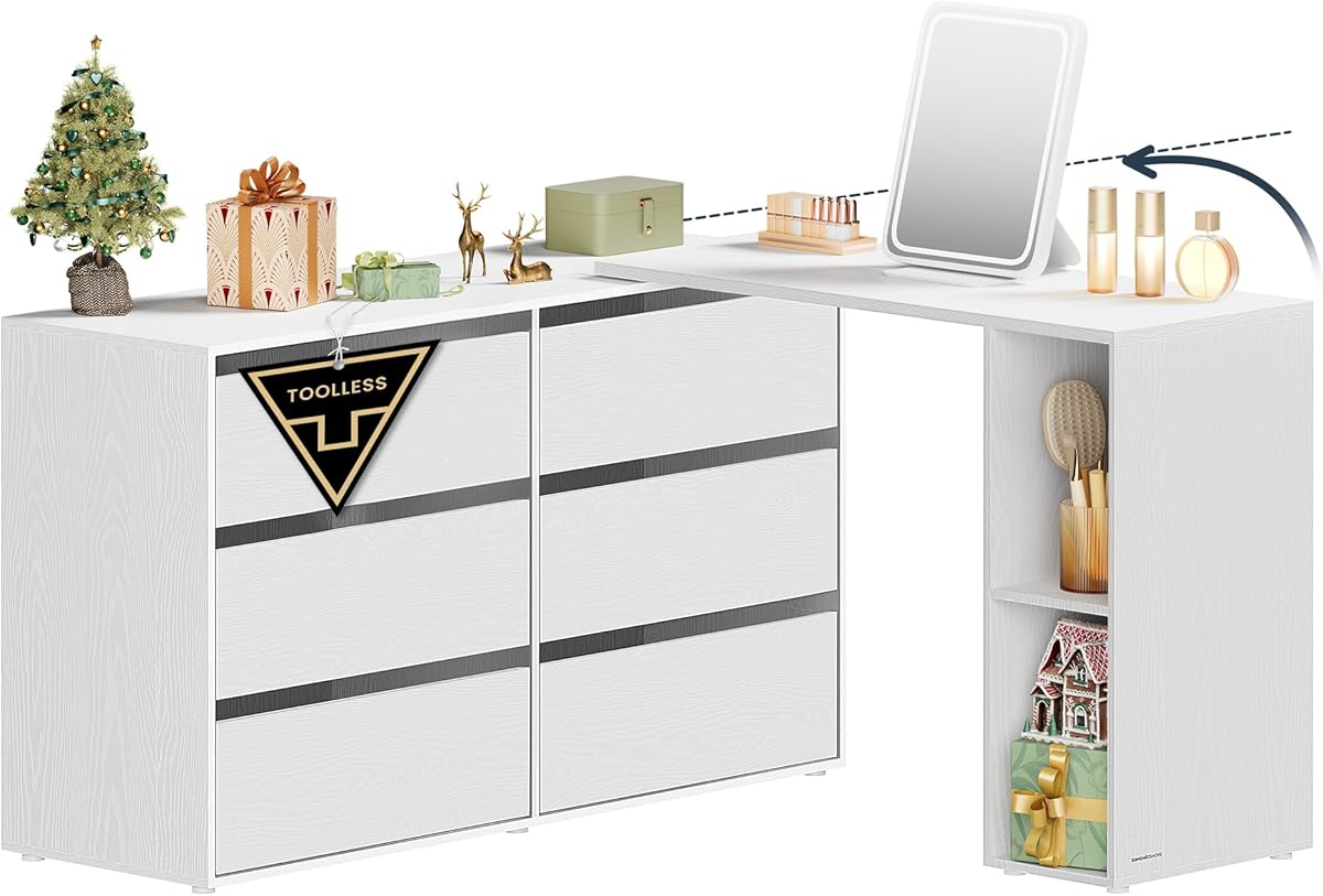 SONGMICS HOME Schminktisch, Toolless-Technologie, schnelle werkzeuglose Montage, Kommode mit Regal, Schrank, nebeneinander oder L-förmig, für Schlafzimmer, Arbeitszimmer, schneeweiß LTS656W01