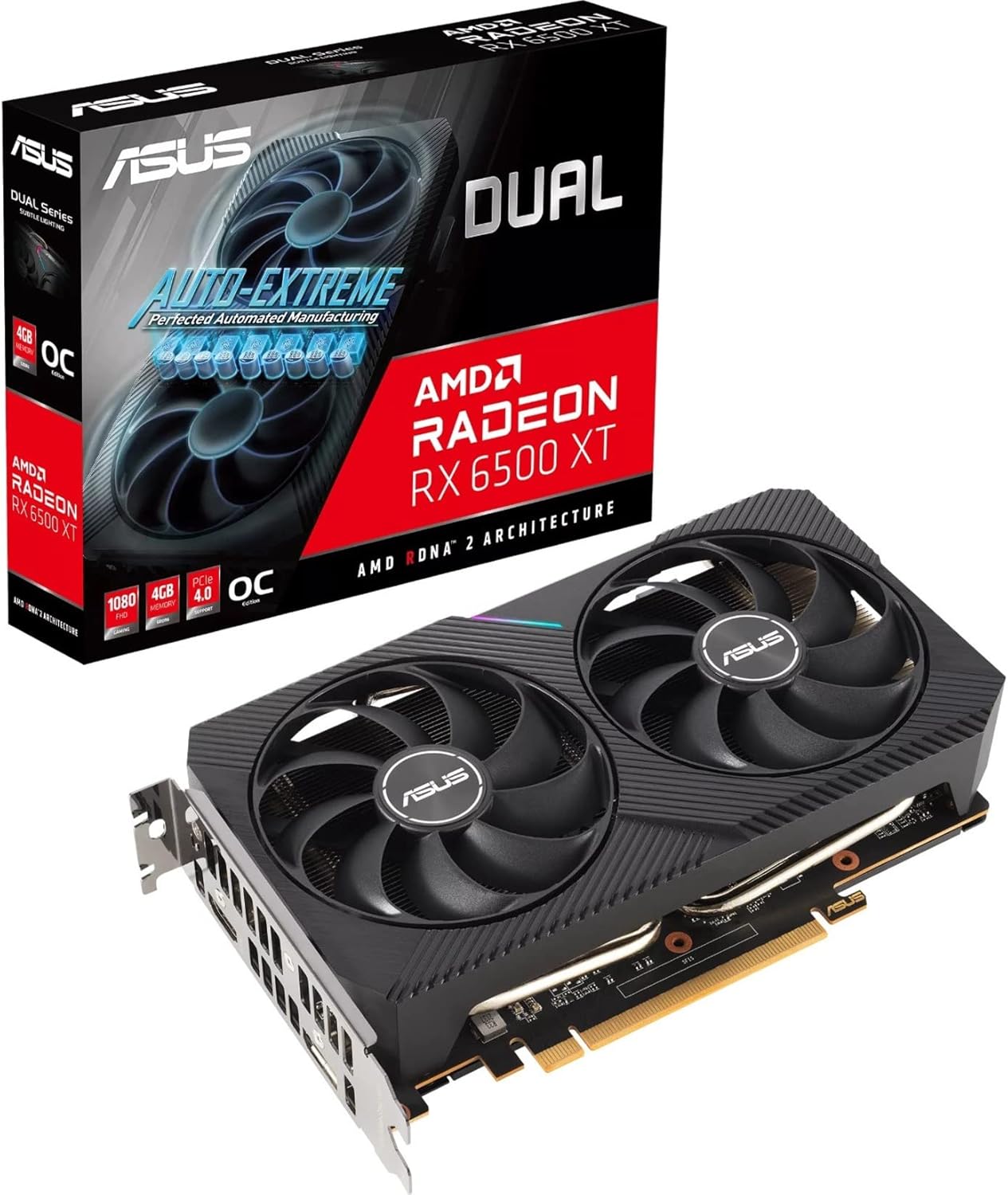 ASUS Dual AMD Radeon RX 6500 XT OC Edition 4GB GDDR6 Gaming Graphics Card (AMD RDNA 2, PCIe 4.0, 4GB GDDR6 Memory, HDMI 2.1, DisplayPort 1.4a, Axial-tech Fan Design, 0dB Technology)