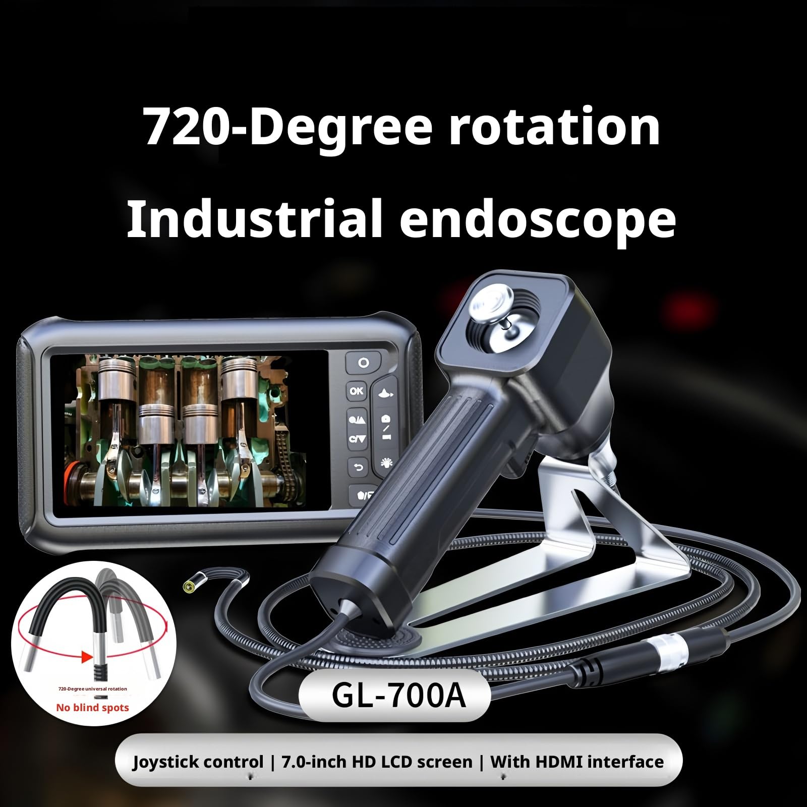 Endoscope GL-700A Articulating Borescope 6.5mm 3M Dual Lens 1080P HDMI