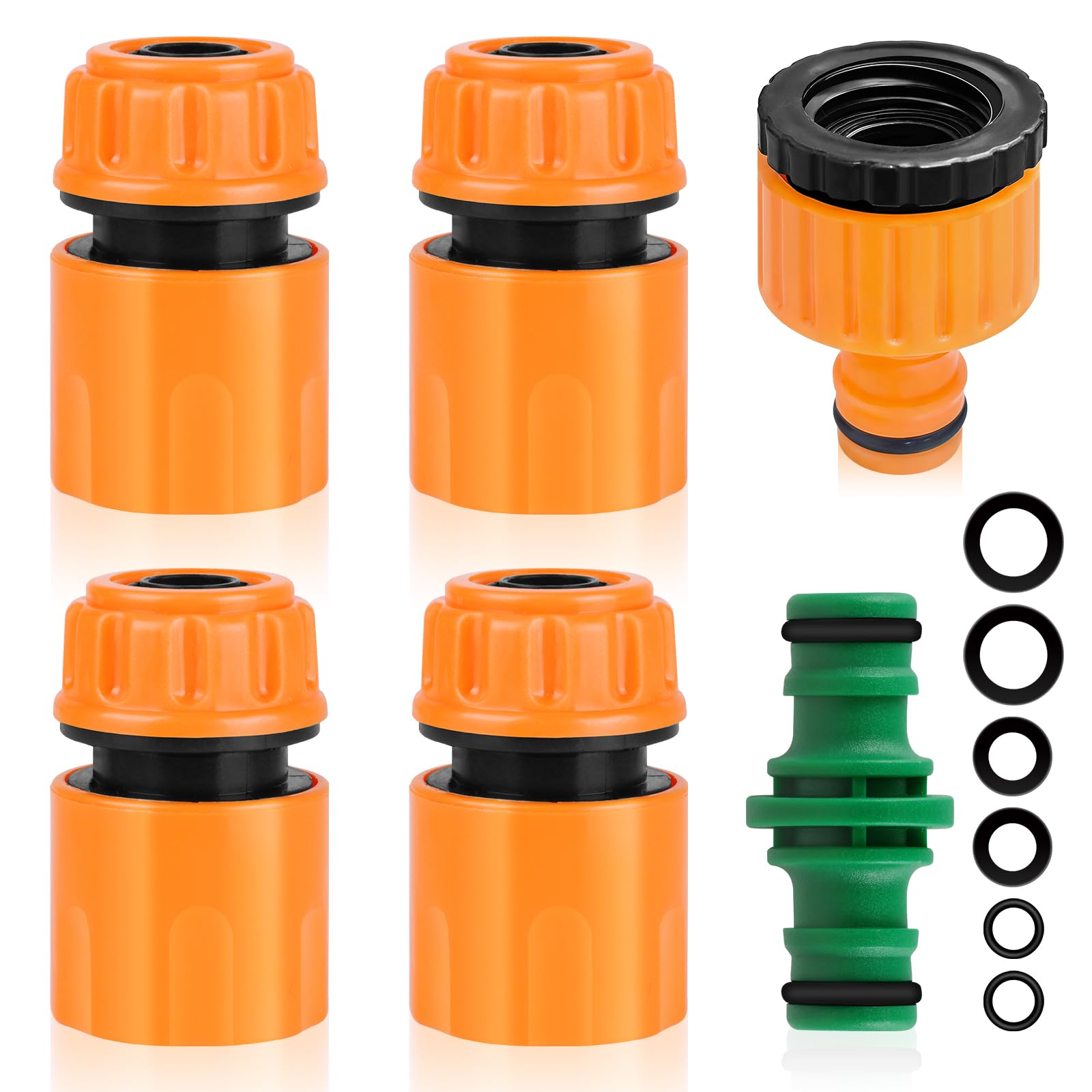 TIECHI Garden Hose Connector and Fittings Set, Outside Tap Connector for Hose Pipe, 4 Hose End Quick Connectors, 1 Double Male Snap Connector, 1 Tap Connector 1/2 Inch & 3/4 Inch