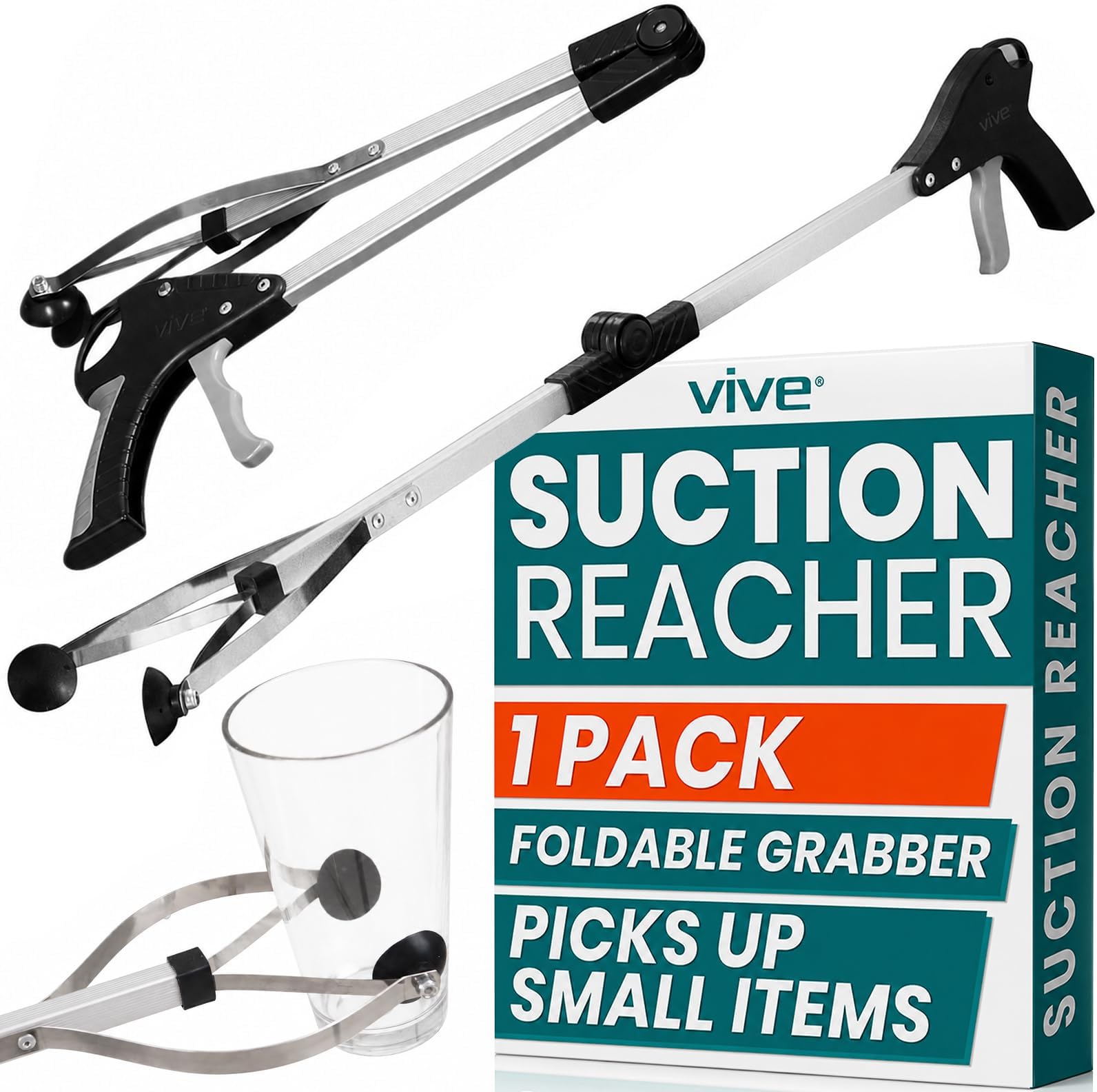 Vive Foldable Suction Reacher Grabber Tool for Elderly (1) - 32 Inches Long Reach Grabber Claw - Pick Up Grab Tool - Reachers for Disabled & Seniors Heavy Duty - Trash, Garbage, Cups Picker Assist