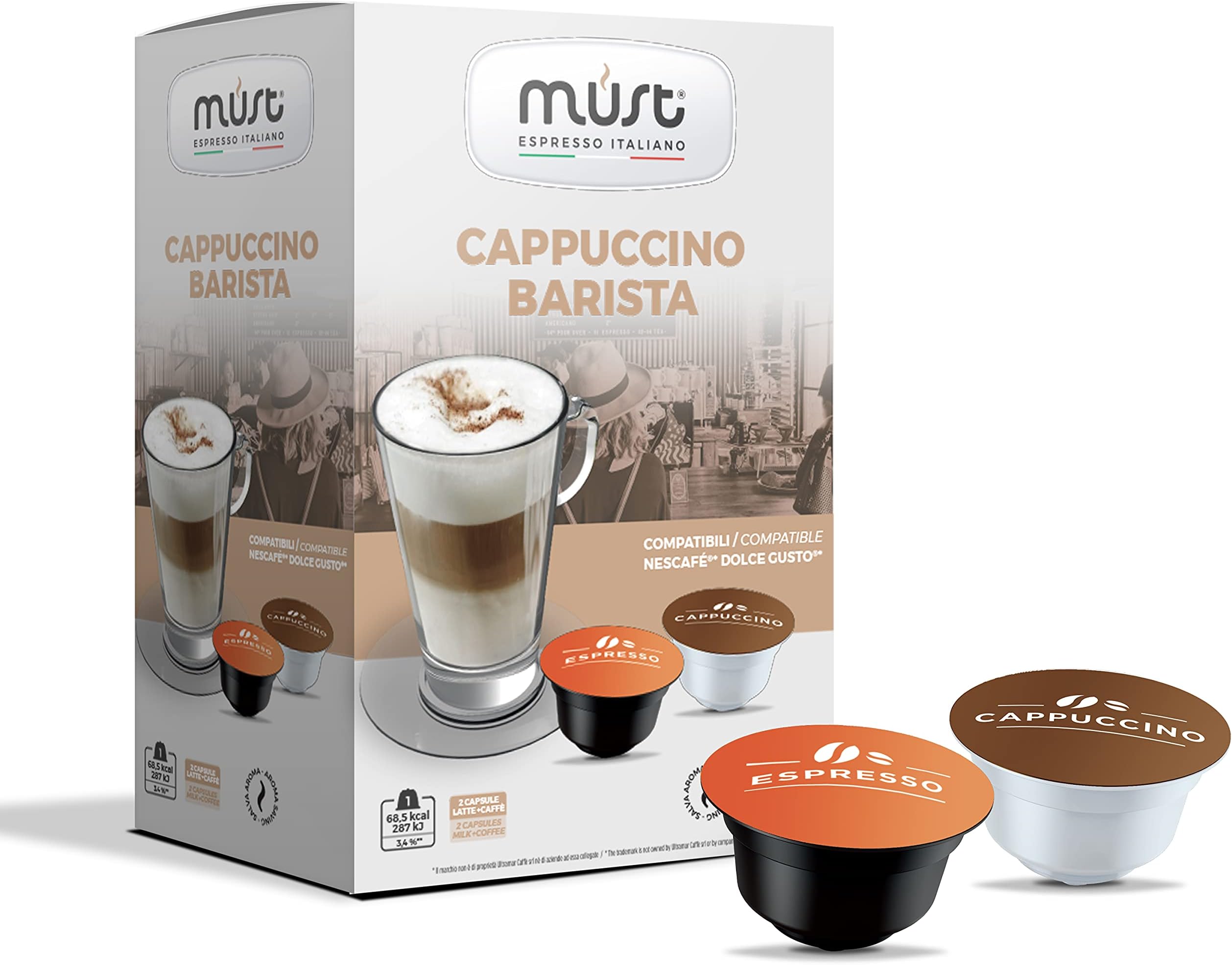 MUST 96 Coffee Capsules Self Protected in 100% Recyclable Plastic, CAPPUCCINO BARISTA blend Pack of 16 Capsules for 6 Packs Compatible with Machine Dolce Gusto Pods Made in Italy