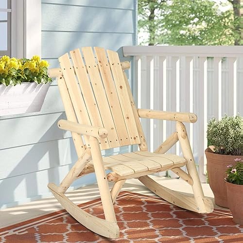 Miniatura 7 de HOMEDIARY Silla mecedora Adirondack de madera, silla mecedora de troncos para patio al aire libre con diseño de madera de rejillas, respaldo alto en