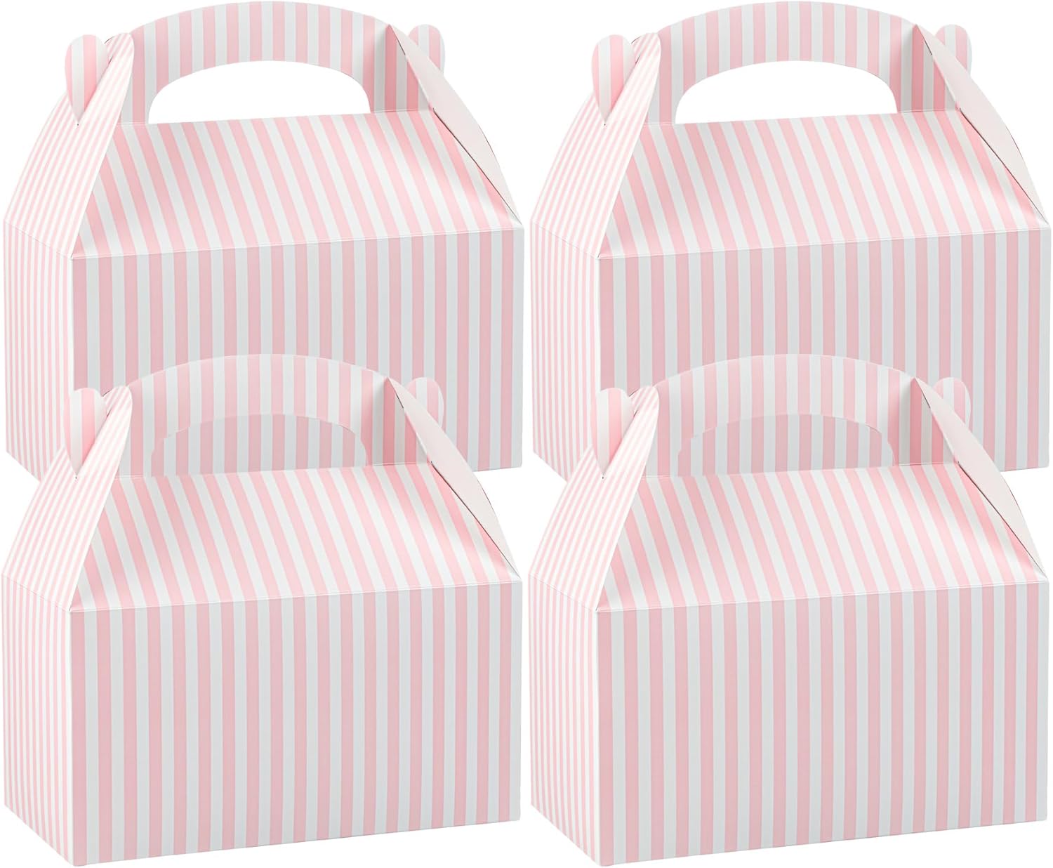 Bio Tek 9.5 x 5 x 5 Inch Gable Boxes For Party Favor, 25 Striped Gift Boxes - Clear Window, Built-In Handle, Pink And White Paper Barn Boxes, Disposable, For Parties