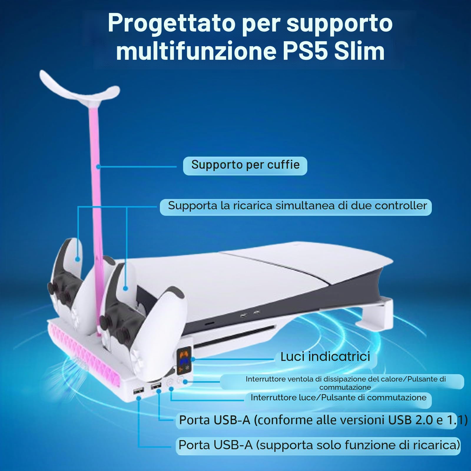 Supporto orizzontale sottile per PS5 Pro/PS5, staffa di raffreddamento con luci RGB e caricatore doppio controller