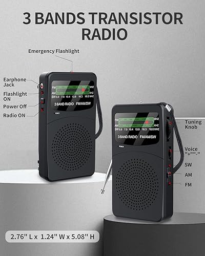 Miniatura 3 de Actualizado - Radio de bolsillo FM AM SW de 3 bandas, radios de transistor a pilas, radio de onda corta portátil con clip trasero portátil con