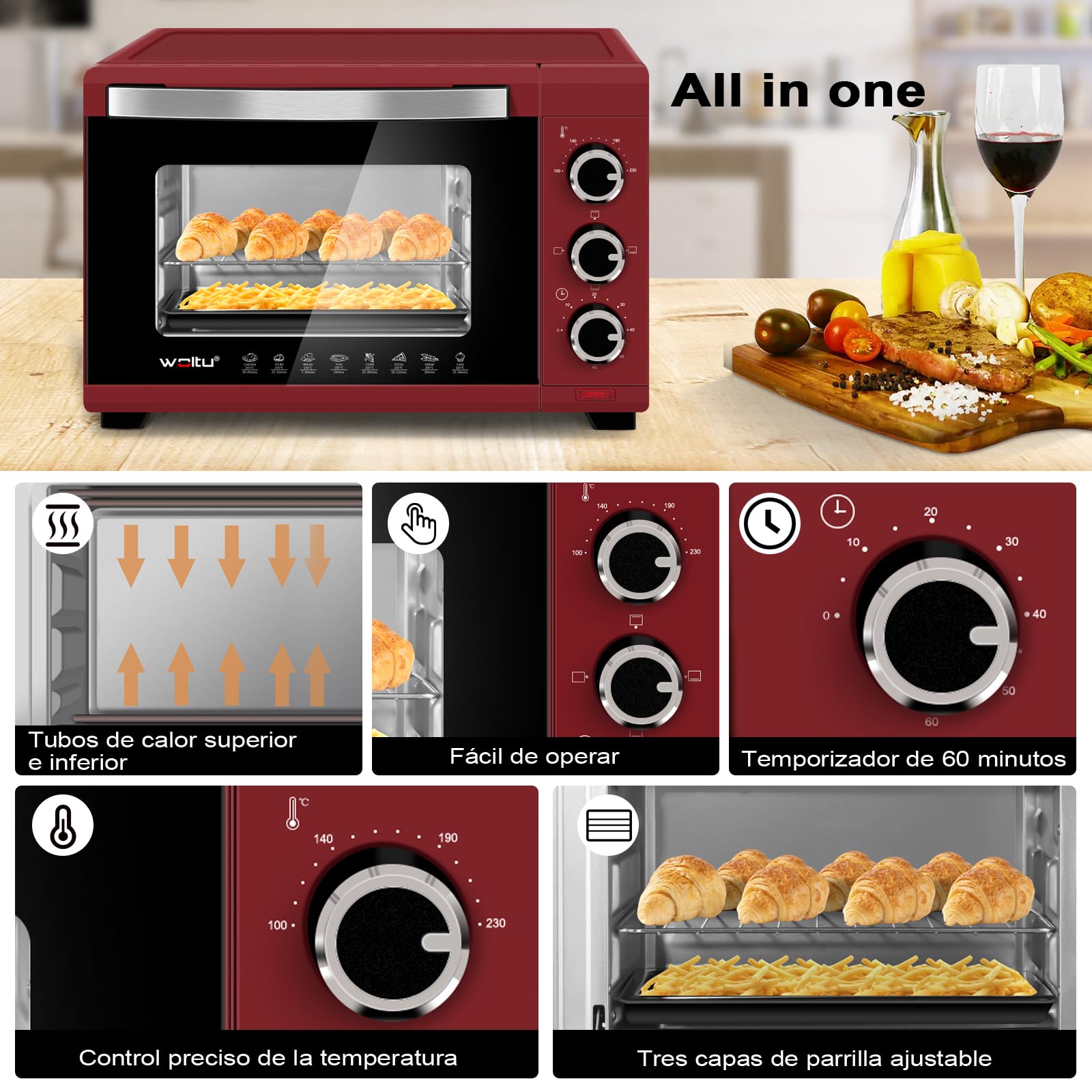 WOLTU Horno Pequeño Sobremesa 21 L 1280 W 100-230℃ Rojo